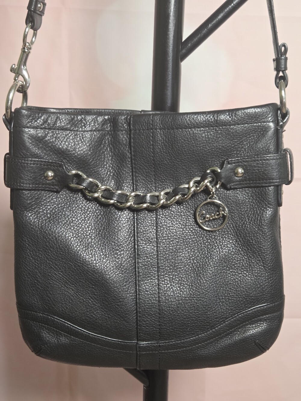 Coach Black Pebbled Leather Crossbody With Chain Accent